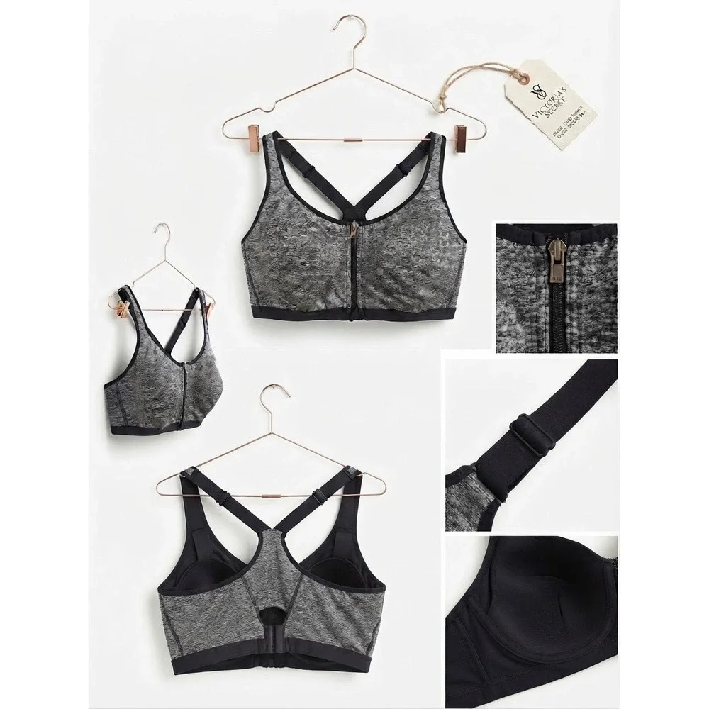 Victoria's Secret Women Sports Bra 34DDD Gray Polyester High Impact Front Zip